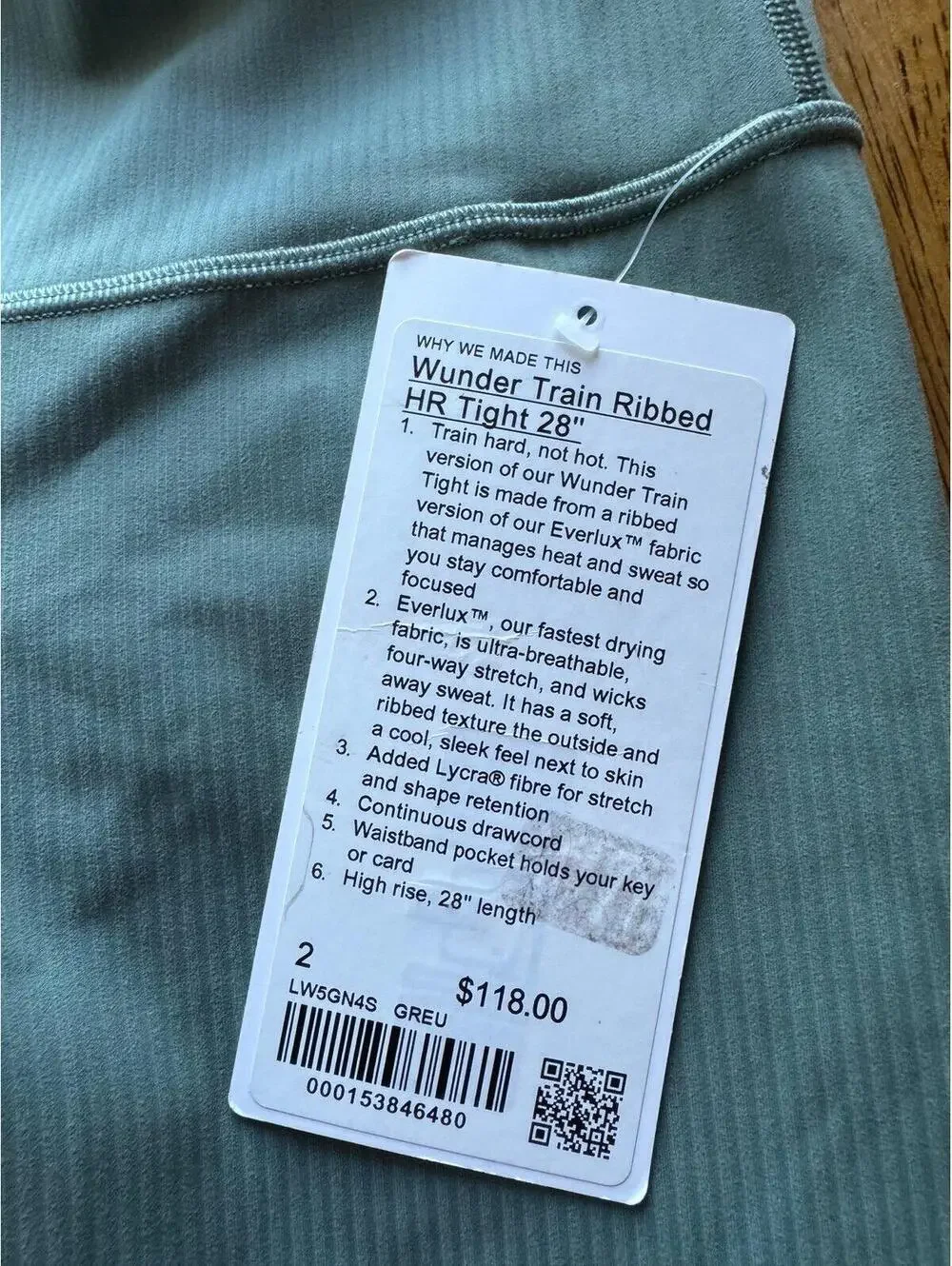 Lululemon Wunder Train Ribbed High Rise 28” Grey Eucalyptus Size 2 NWT